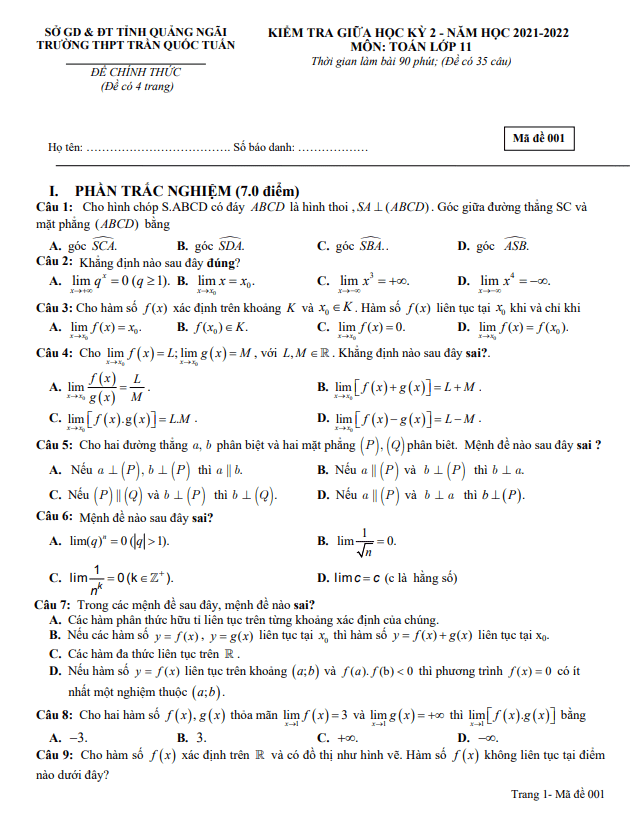 Đề thi giữa học kì 2 (HK2) lớp 11 môn Toán năm 2021 2022 trường THPT Trần Quốc Tuấn Quảng Ngãi