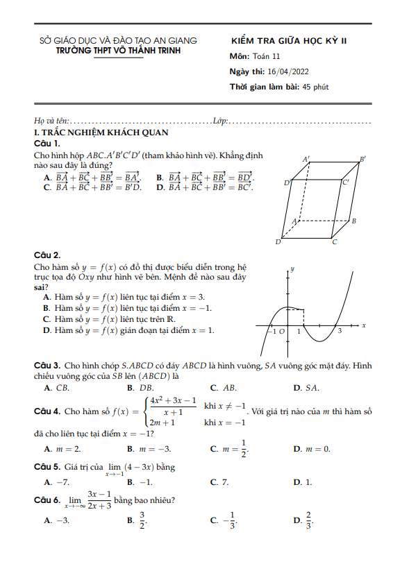Đề thi giữa học kì 2 (HK2) lớp 11 môn Toán năm 2021 2022 trường THPT Võ Thành Trinh An Giang