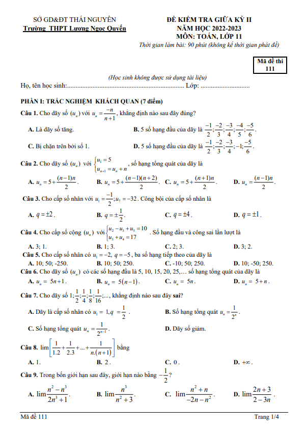 Đề thi giữa học kì 2 (HK2) lớp 11 môn Toán năm 2022 2023 THPT Lương Ngọc Quyến Thái Nguyên