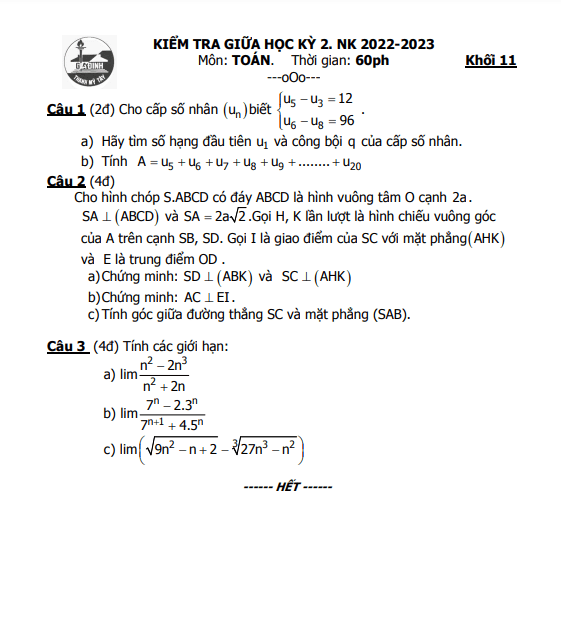 Đề thi giữa học kì 2 (HK2) lớp 11 môn Toán năm 2022 2023 trường THPT Gia Định TP HCM