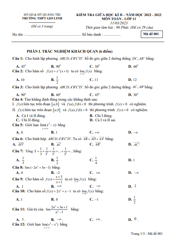 Đề thi giữa học kì 2 (HK2) lớp 11 môn Toán năm 2022 2023 trường THPT Gio Linh Quảng Trị