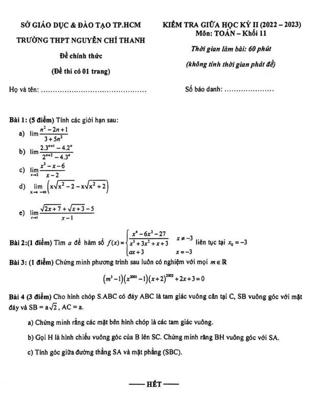 Đề thi giữa học kì 2 (HK2) lớp 11 môn Toán năm 2022 2023 trường THPT Nguyễn Chí Thanh TP HCM