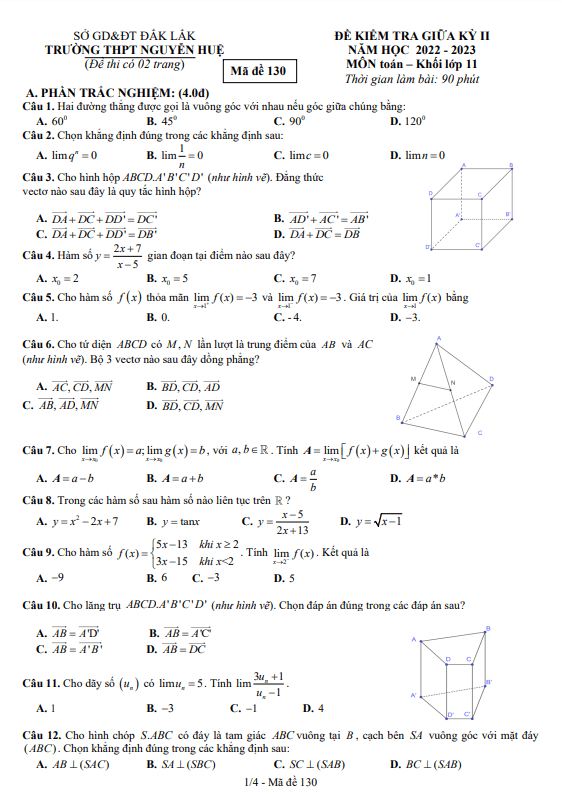 Đề thi giữa học kì 2 (HK2) lớp 11 môn Toán năm 2022 2023 trường THPT Nguyễn Huệ Đắk Lắk