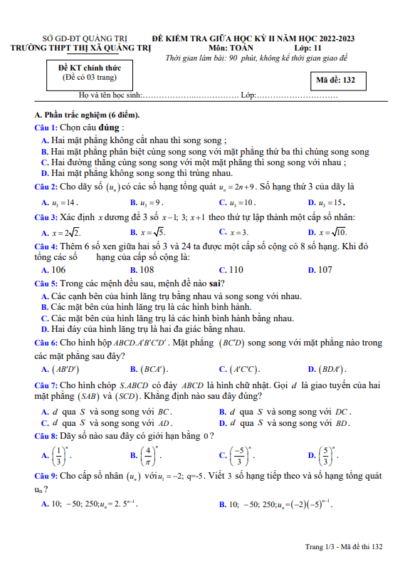 Đề thi giữa học kì 2 (HK2) lớp 11 môn Toán năm 2022 2023 trường THPT Thị xã Quảng Trị
