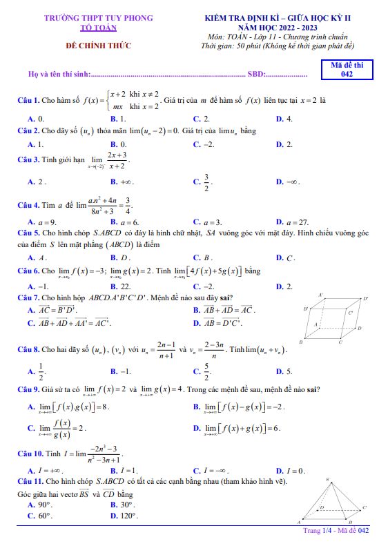 Đề thi giữa học kì 2 (HK2) lớp 11 môn Toán năm 2022 2023 trường THPT Tuy Phong Bình Thuận