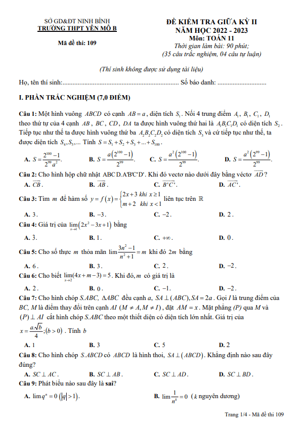 Đề thi giữa học kì 2 (HK2) lớp 11 môn Toán năm 2022 2023 trường THPT Yên Mô B Ninh Bình