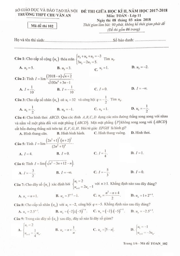 Đề thi giữa học kì 2 (HK2) lớp 11 môn Toán năm học 2017 2018 trường THPT Chu Văn An Hà Nội