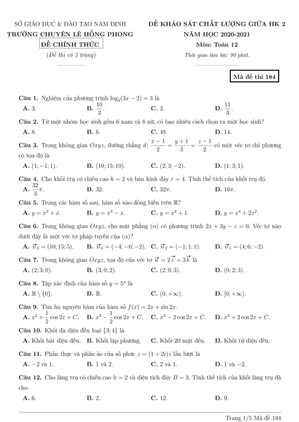 Đề thi giữa học kì 2 (HK2) lớp 12 môn Toán năm 2020 2021 trường chuyên Lê Hồng Phong Nam Định