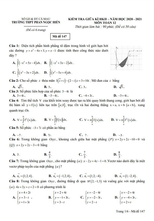 Đề thi giữa học kì 2 (HK2) lớp 12 môn Toán năm 2020 2021 trường Phan Ngọc Hiển Cà Mau