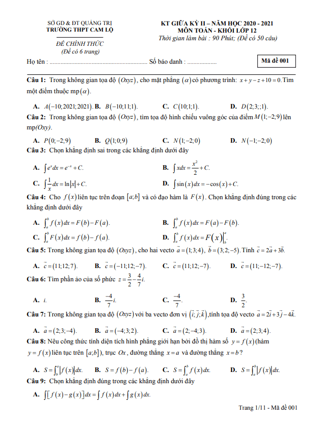 Đề thi giữa học kì 2 (HK2) lớp 12 môn Toán năm 2020 2021 trường THPT Cam Lộ Quảng Trị