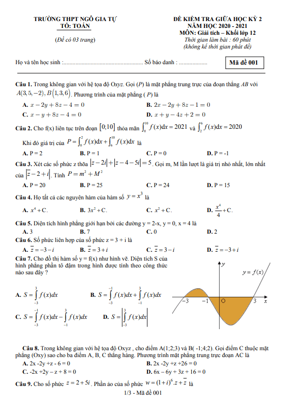 Đề thi giữa học kì 2 (HK2) lớp 12 môn Toán năm 2020 2021 trường THPT Ngô Gia Tự Đắk Lắk
