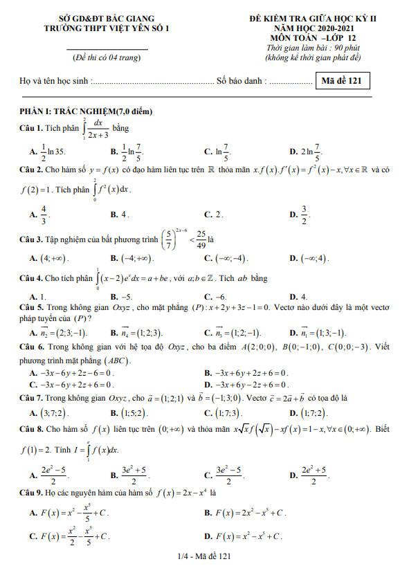 Đề thi giữa học kì 2 (HK2) lớp 12 môn Toán năm 2020 2021 trường THPT Việt Yên 1 Bắc Giang