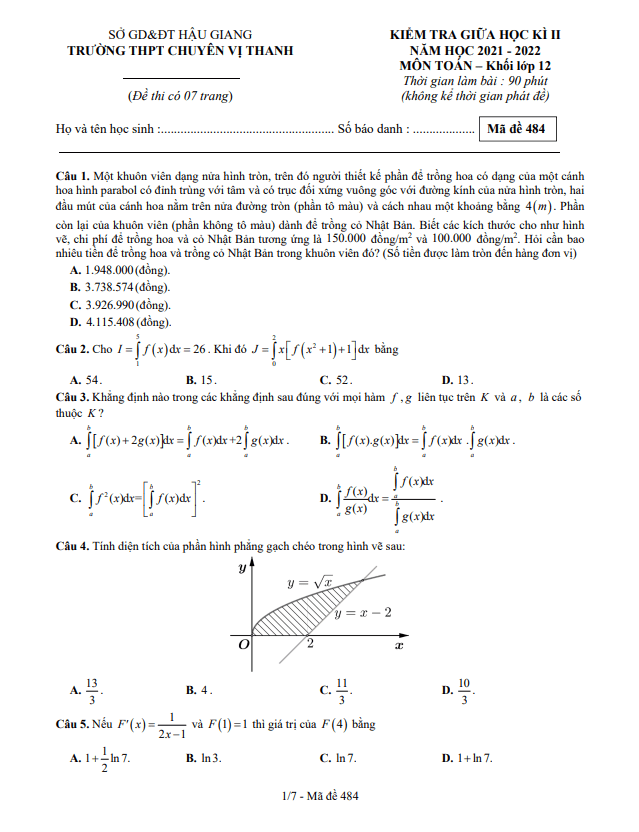 Đề thi giữa học kì 2 (HK2) lớp 12 môn Toán năm 2021 2022 trường chuyên Vị Thanh Hậu Giang