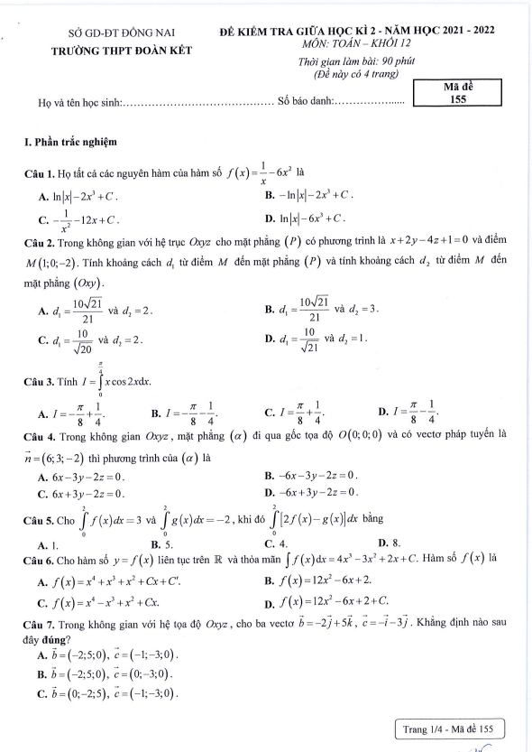 Đề thi giữa học kì 2 (HK2) lớp 12 môn Toán năm 2021 2022 trường THPT Đoàn Kết Đồng Nai