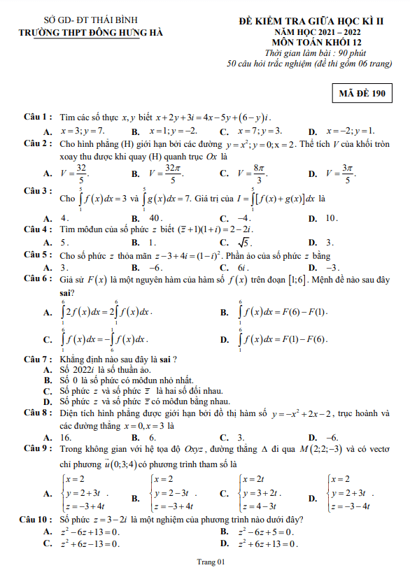 Đề thi giữa học kì 2 (HK2) lớp 12 môn Toán năm 2021 2022 trường THPT Đông Hưng Hà Thái Bình