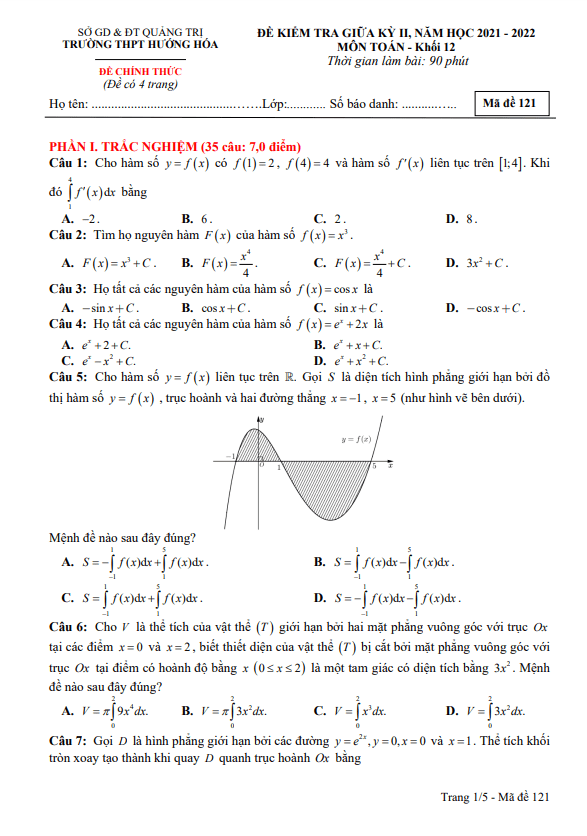 Đề thi giữa học kì 2 (HK2) lớp 12 môn Toán năm 2021 2022 trường THPT Hướng Hóa Quảng Trị