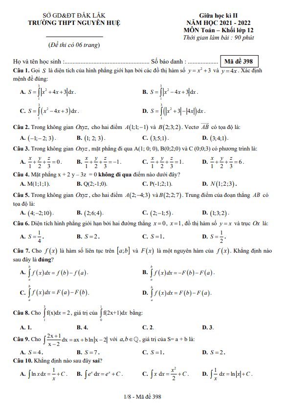 Đề thi giữa học kì 2 (HK2) lớp 12 môn Toán năm 2021 2022 trường THPT Nguyễn Huệ Đắk Lắk