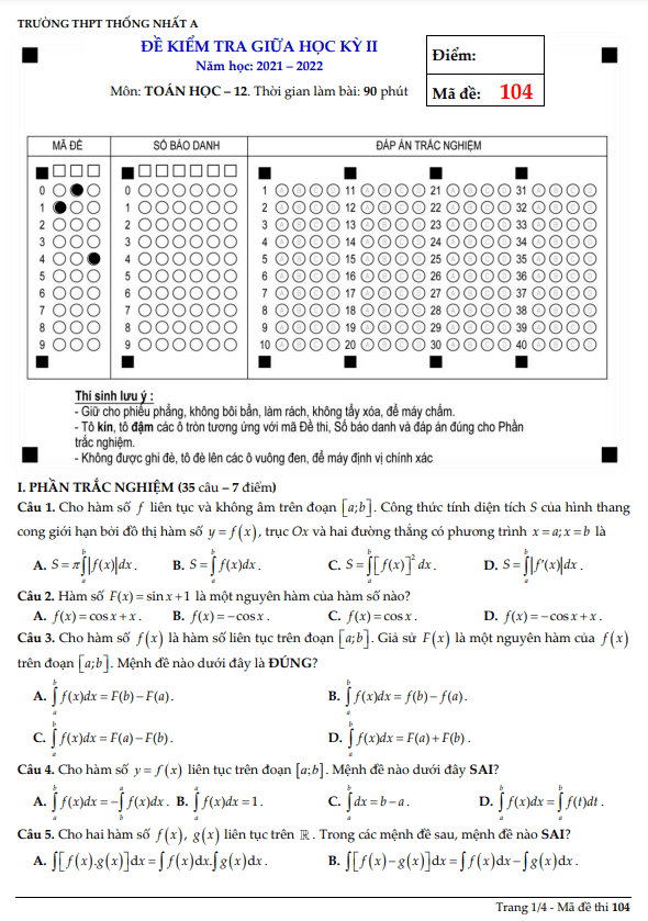 Đề thi giữa học kì 2 (HK2) lớp 12 môn Toán năm 2021 2022 trường THPT Thống Nhất A Đồng Nai