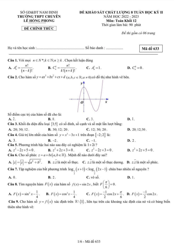 Đề thi giữa học kì 2 (HK2) lớp 12 môn Toán năm 2022 2023 trường chuyên Lê Hồng Phong Nam Định