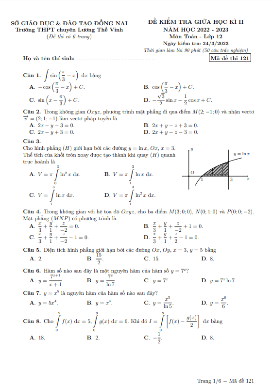 Đề thi giữa học kì 2 (HK2) lớp 12 môn Toán năm 2022 2023 trường chuyên Lương Thế Vinh Đồng Nai