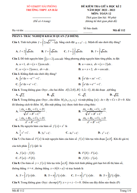 Đề thi giữa học kì 2 (HK2) lớp 12 môn Toán năm 2022 2023 trường THPT An Hải Hải Phòng