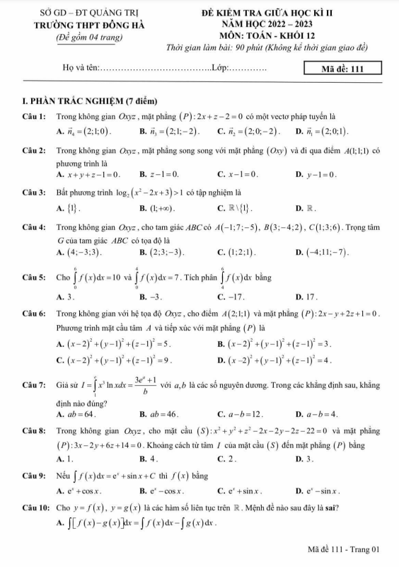 Đề thi giữa học kì 2 (HK2) lớp 12 môn Toán năm 2022 2023 trường THPT Đông Hà Quảng Trị