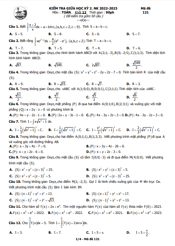 Đề thi giữa học kì 2 (HK2) lớp 12 môn Toán năm 2022 2023 trường THPT Gia Định TP HCM