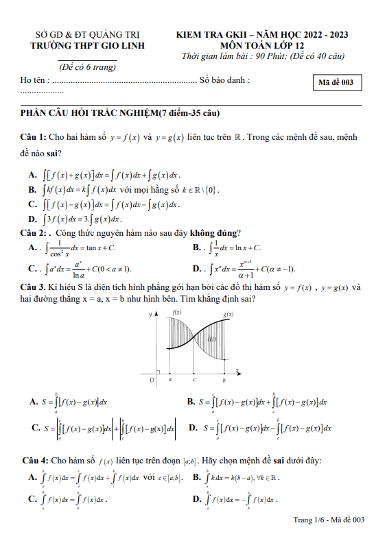 Đề thi giữa học kì 2 (HK2) lớp 12 môn Toán năm 2022 2023 trường THPT Gio Linh Quảng Trị