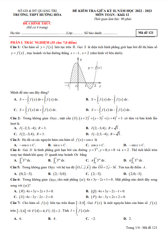 Đề thi giữa học kì 2 (HK2) lớp 12 môn Toán năm 2022 2023 trường THPT Hướng Hóa Quảng Trị