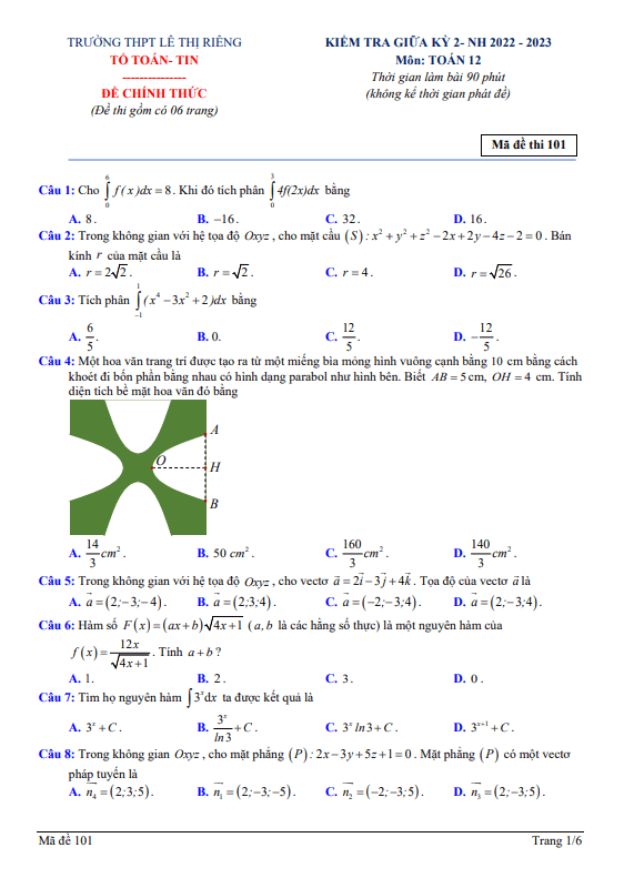 Đề thi giữa học kì 2 (HK2) lớp 12 môn Toán năm 2022 2023 trường THPT Lê Thị Riêng Bạc Liêu
