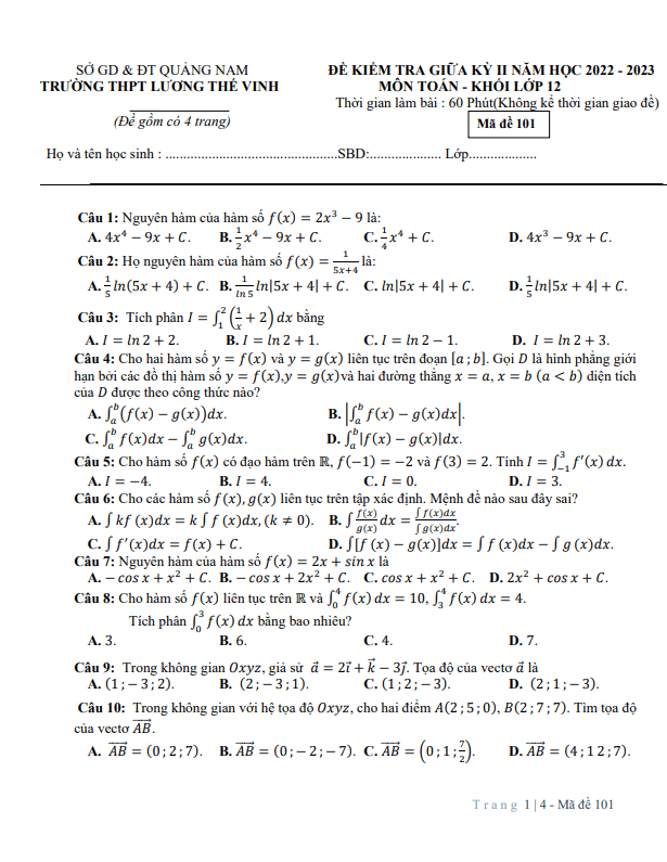 Đề thi giữa học kì 2 (HK2) lớp 12 môn Toán năm 2022 2023 trường THPT Lương Thế Vinh Quảng Nam