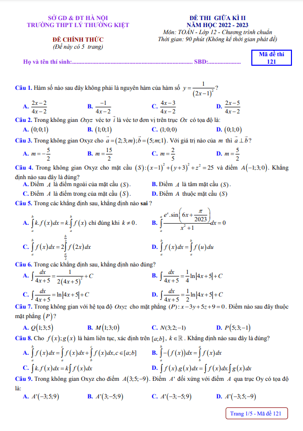 Đề thi giữa học kì 2 (HK2) lớp 12 môn Toán năm 2022 2023 trường THPT Lý Thường Kiệt Hà Nội