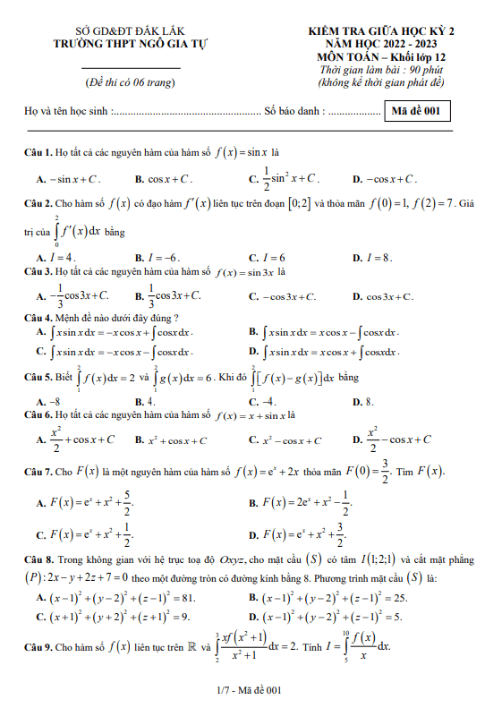 Đề thi giữa học kì 2 (HK2) lớp 12 môn Toán năm 2022 2023 trường THPT Ngô Gia Tự Đắk Lắk