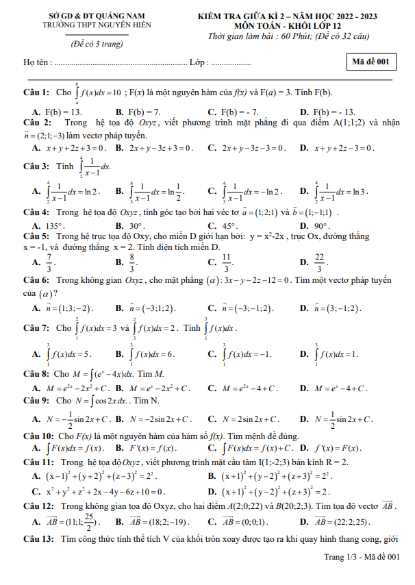 Đề thi giữa học kì 2 (HK2) lớp 12 môn Toán năm 2022 2023 trường THPT Nguyễn Hiền Quảng Nam