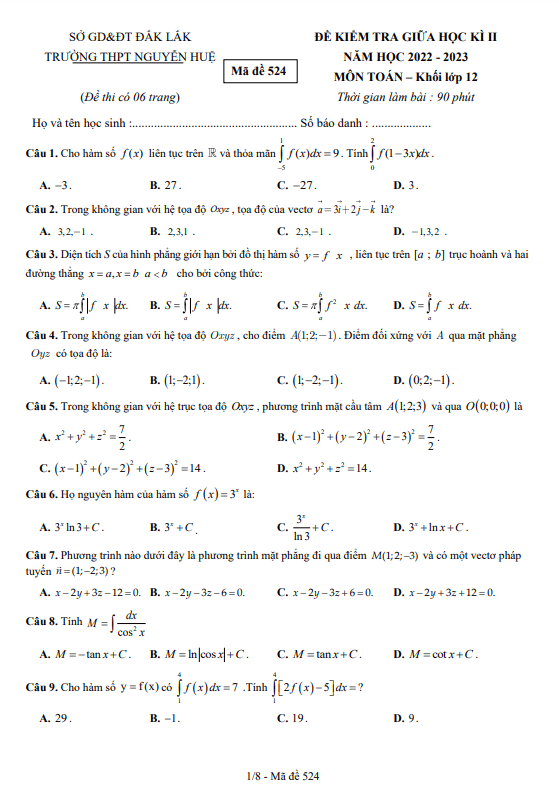 Đề thi giữa học kì 2 (HK2) lớp 12 môn Toán năm 2022 2023 trường THPT Nguyễn Huệ Đắk Lắk