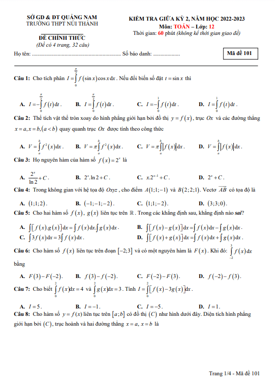 Đề thi giữa học kì 2 (HK2) lớp 12 môn Toán năm 2022 2023 trường THPT Núi Thành Quảng Nam