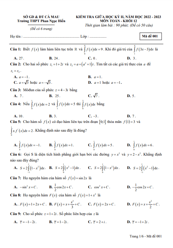 Đề thi giữa học kì 2 (HK2) lớp 12 môn Toán năm 2022 2023 trường THPT Phan Ngọc Hiển Cà Mau