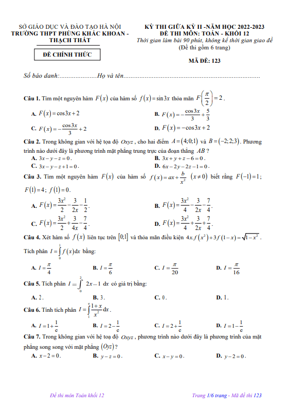 Đề thi giữa học kì 2 (HK2) lớp 12 môn Toán năm 2022 2023 trường THPT Phùng Khắc Khoan Hà Nội