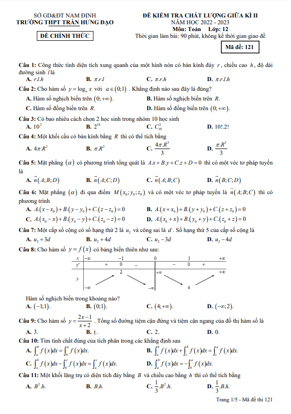 Đề thi giữa học kì 2 (HK2) lớp 12 môn Toán năm 2022 2023 trường THPT Trần Hưng Đạo Nam Định