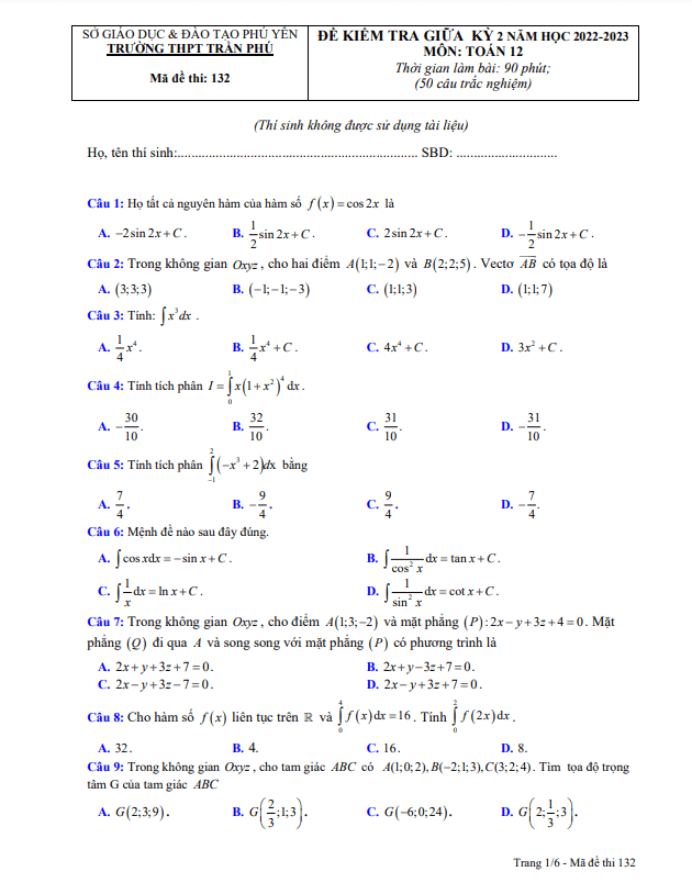 Đề thi giữa học kì 2 (HK2) lớp 12 môn Toán năm 2022 2023 trường THPT Trần Phú Phú Yên