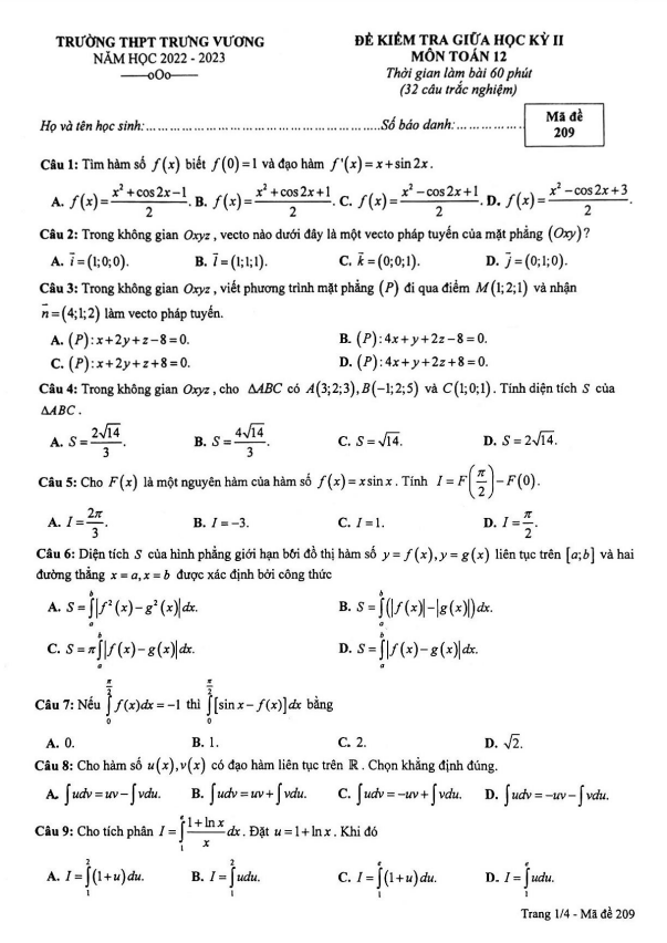 Đề thi giữa học kì 2 (HK2) lớp 12 môn Toán năm 2022 2023 trường THPT Trưng Vương TP HCM