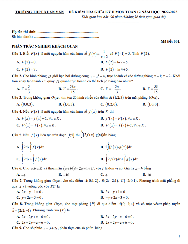 Đề thi giữa học kì 2 (HK2) lớp 12 môn Toán năm 2022 2023 trường THPT Xuân Vân Tuyên Quang