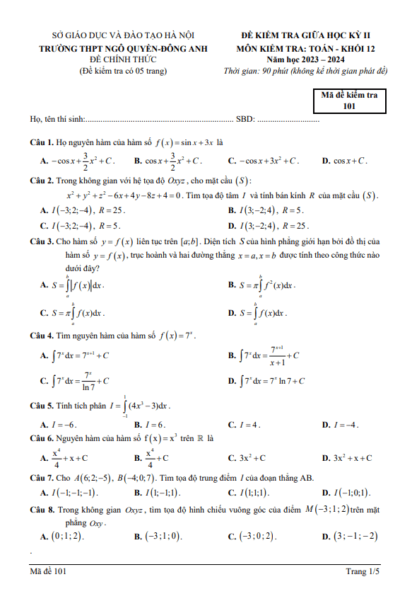 Đề thi giữa học kì 2 (HK2) lớp 12 môn Toán năm 2023 2024 trường THPT Ngô Quyền Hà Nội