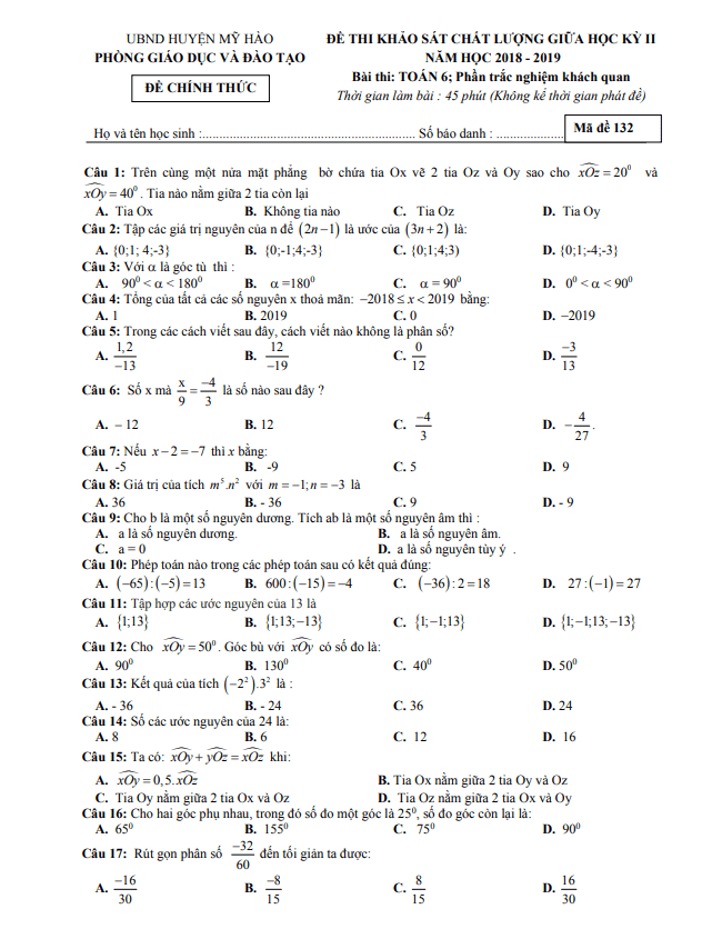 Đề thi giữa học kì 2 (HK2) lớp 6 môn Toán năm 2018 2019 phòng GD ĐT Mỹ Hào Hưng Yên