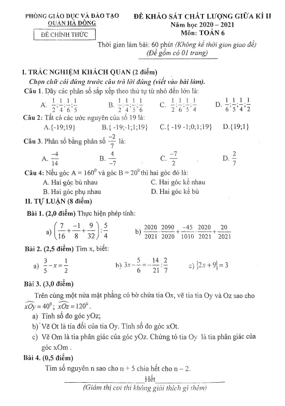 Đề thi giữa học kì 2 (HK2) lớp 6 môn Toán năm 2020 2021 phòng GD ĐT Hà Đông Hà Nội