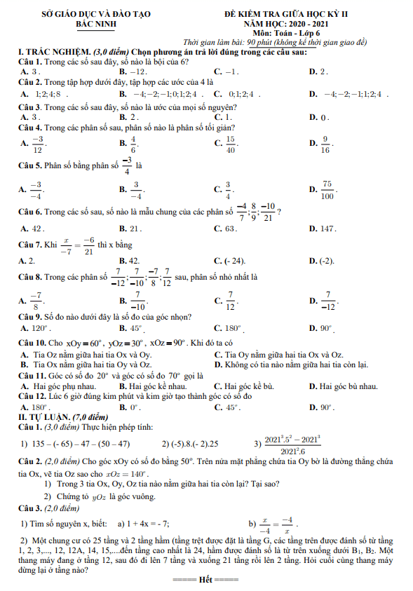 Đề thi giữa học kì 2 (HK2) lớp 6 môn Toán năm 2020 2021 sở GD ĐT Bắc Ninh