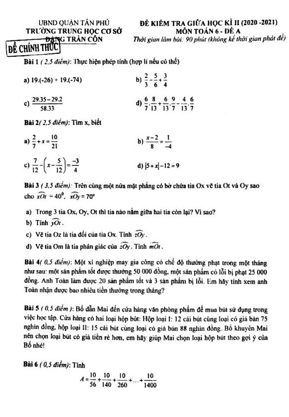 Đề thi giữa học kì 2 (HK2) lớp 6 môn Toán năm 2020 2021 trường Đặng Trần Côn TP HCM