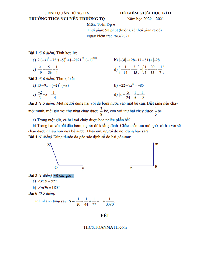 Đề thi giữa học kì 2 (HK2) lớp 6 môn Toán năm 2020 2021 trường Nguyễn Trường Tộ Hà Nội
