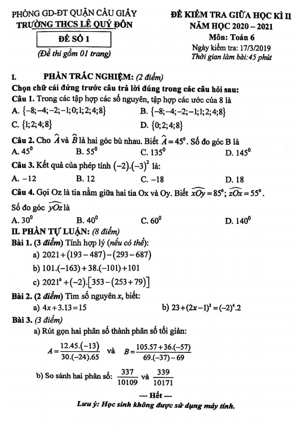 Đề thi giữa học kì 2 (HK2) lớp 6 môn Toán năm 2020 2021 trường THCS Lê Quý Đôn Hà Nội