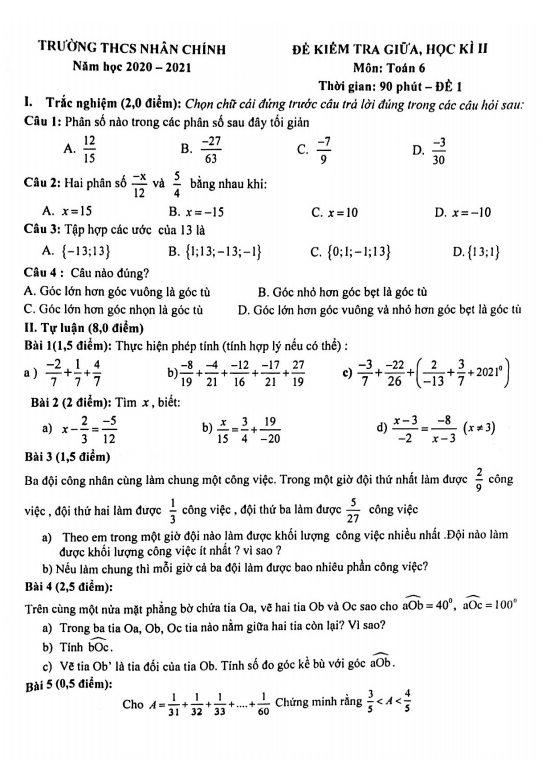 Đề thi giữa học kì 2 (HK2) lớp 6 môn Toán năm 2020 2021 trường THCS Nhân Chính Hà Nội